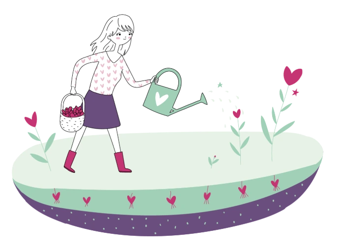 Illustration d’une femme arrosant des fleurs, symbole d’apaisement des relations et de sécurité intérieure retrouvée.
