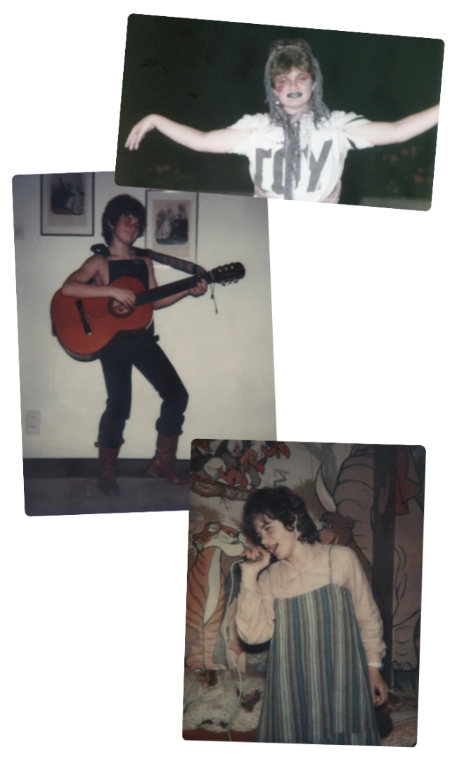 Montage photos de l’adolescence de Fabienne Loviat faisant le clown, chantant et jouant de la guitare.