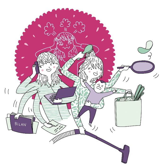 Illustration d’une femme débordée symbolisant la charge mentale et le besoin de lâcher la pression.