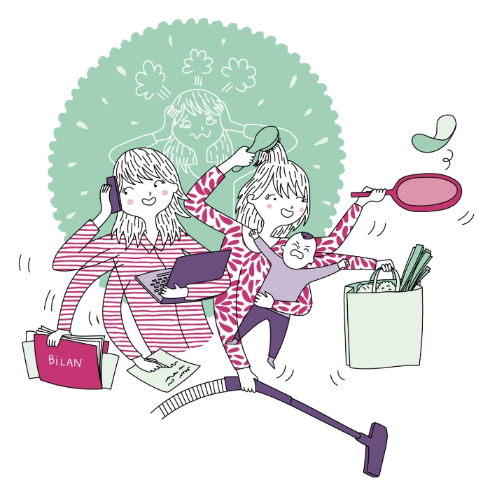 Illustration d’une femme débordée montrant l’importance de ralentir pour sortir de la surcharge.