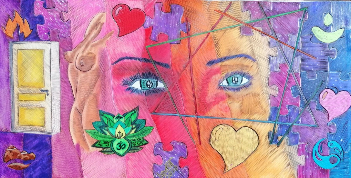 Tableau d’âme coloré avec des yeux au centre, entourés de symboles (cœur, lotus, puzzle, porte)